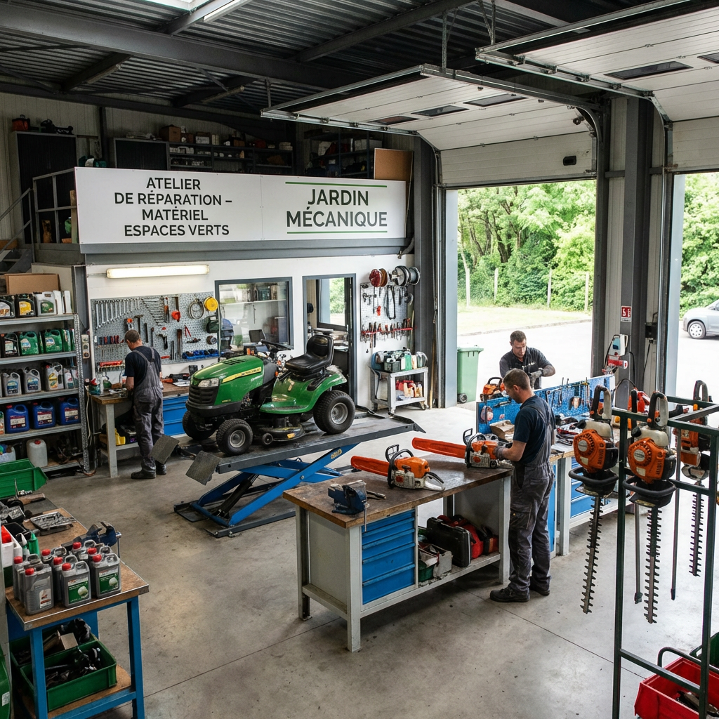 Professional workshop for garden machinery repair services Mechanics repairing lawn mowers and power tools in a professional garden equipment repair shop.